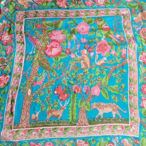 Vintage 90s April Cornell Tropical Floral & Animal Print Scarf pink & turquoise - Picture 3 of 9